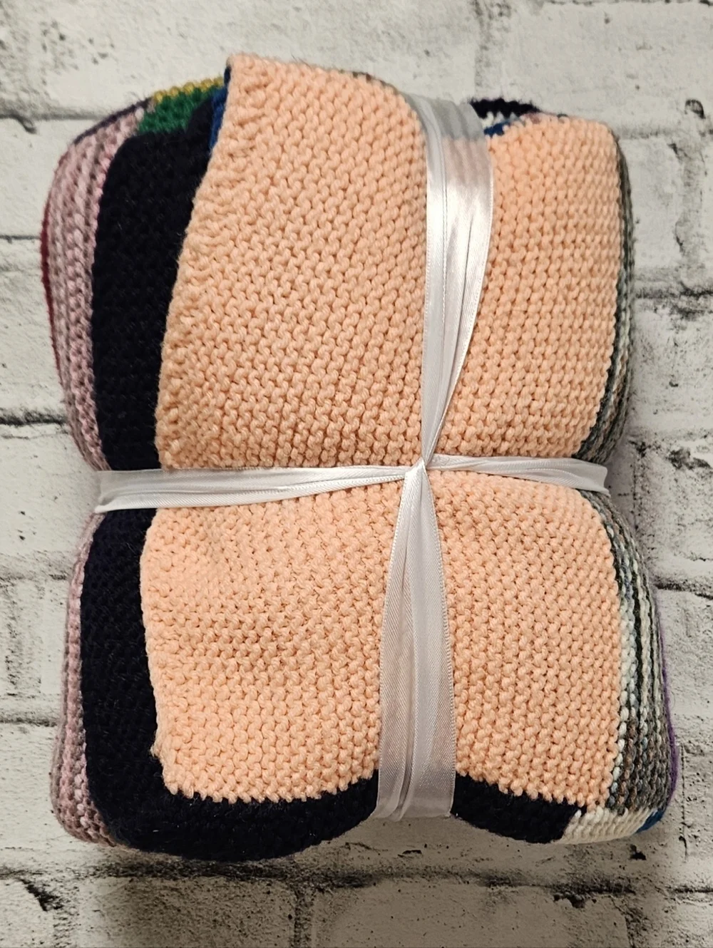 Hand Knit Patchwork Throw Blanket 52x69 Colorblock Boho Vintage Style